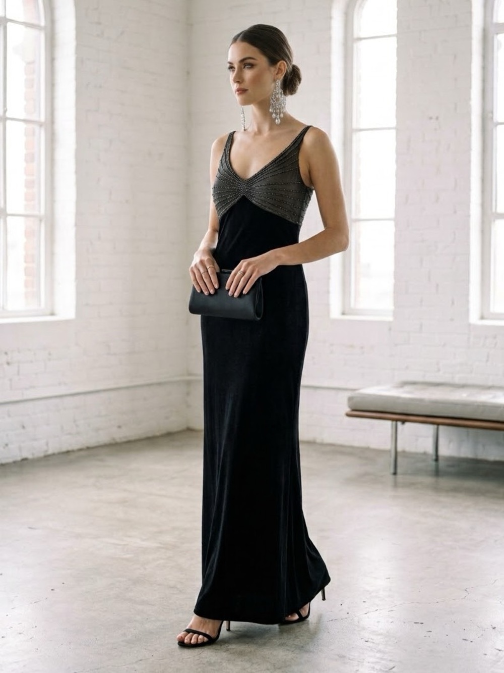 Vintage 90s Algo Black Beaded Velvet Maxi Dress Gown | Made in Canada - US 8